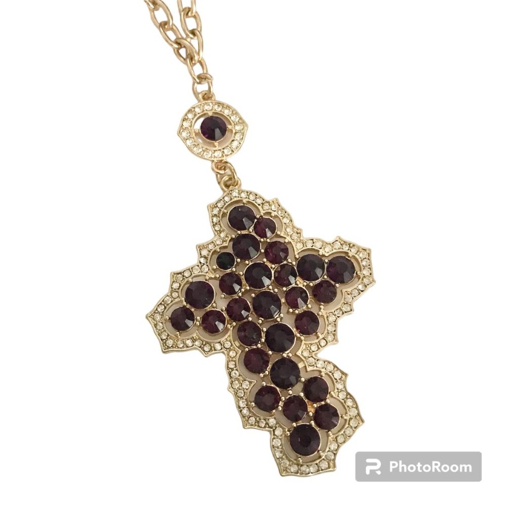 Vintage Style Cross Necklace Purple Crystals Simulated Amethyst Gold Plated 22"
